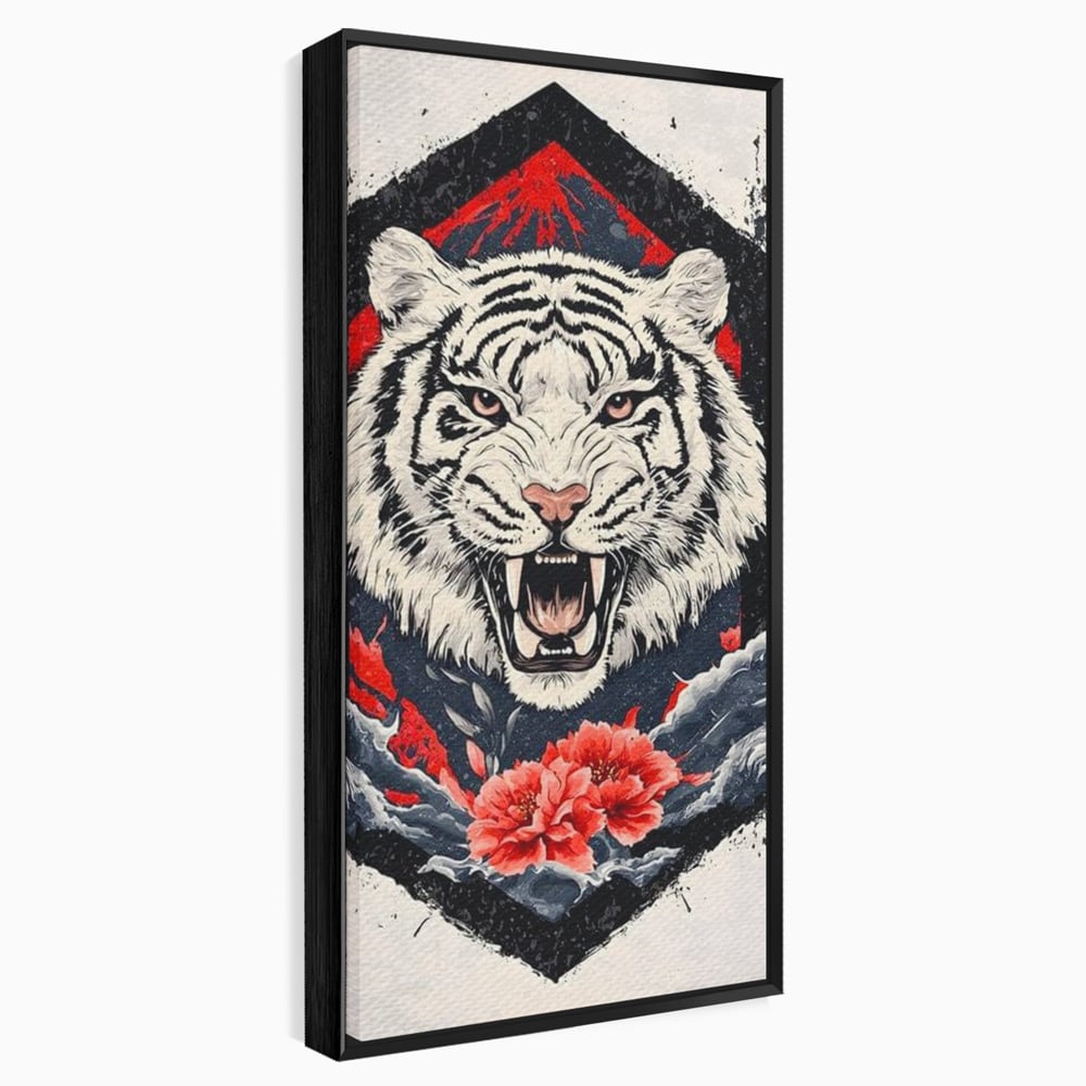 Tablou canvas cu tablou canvas cu tigru alb si flori rosii, in rama de aluminiu negru